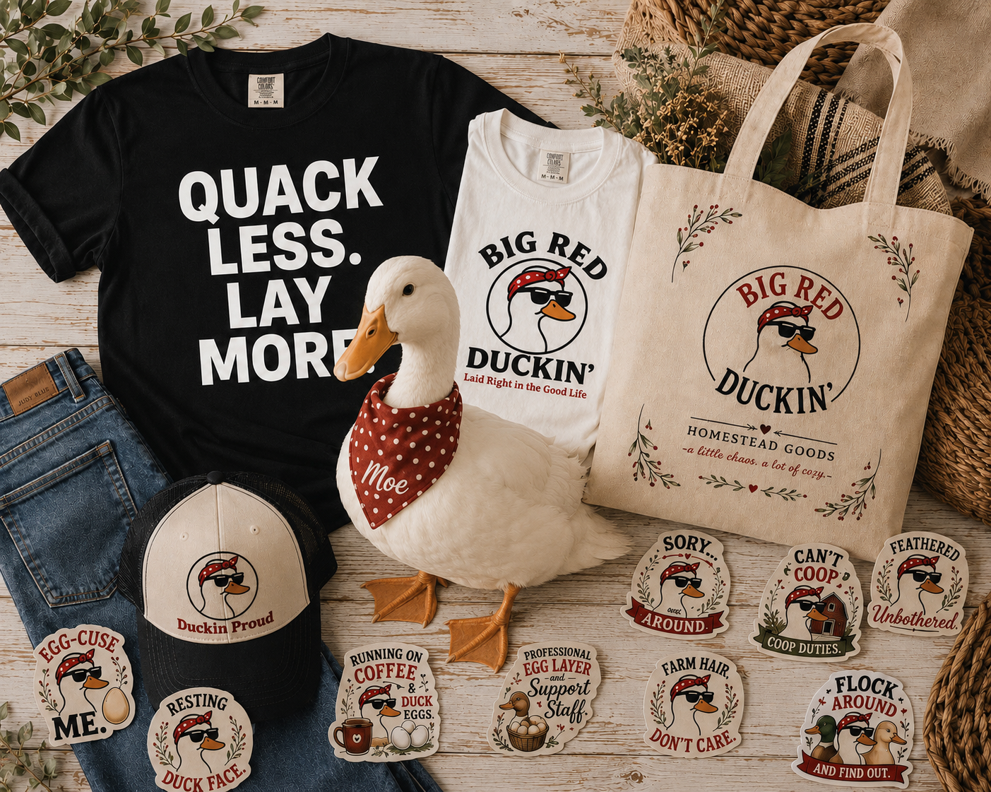Big Red Duckin' merchandise — t-shirts, hats, and stickers
