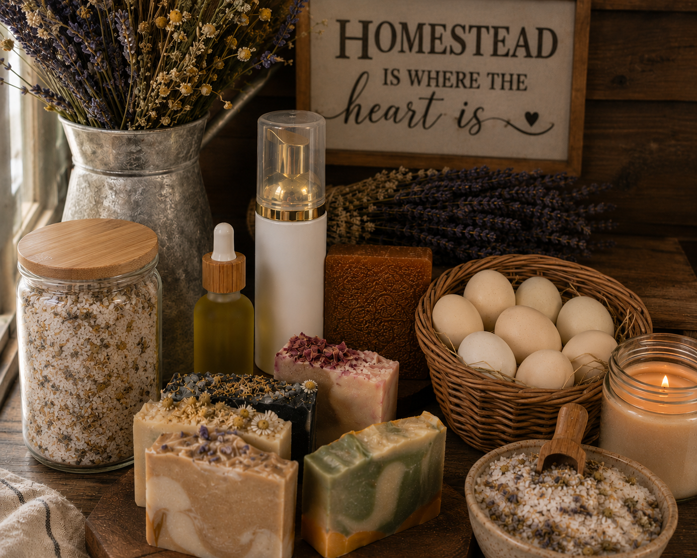 Handmade homestead goods, soaps, bath salts, and fresh duck eggs on a rustic table